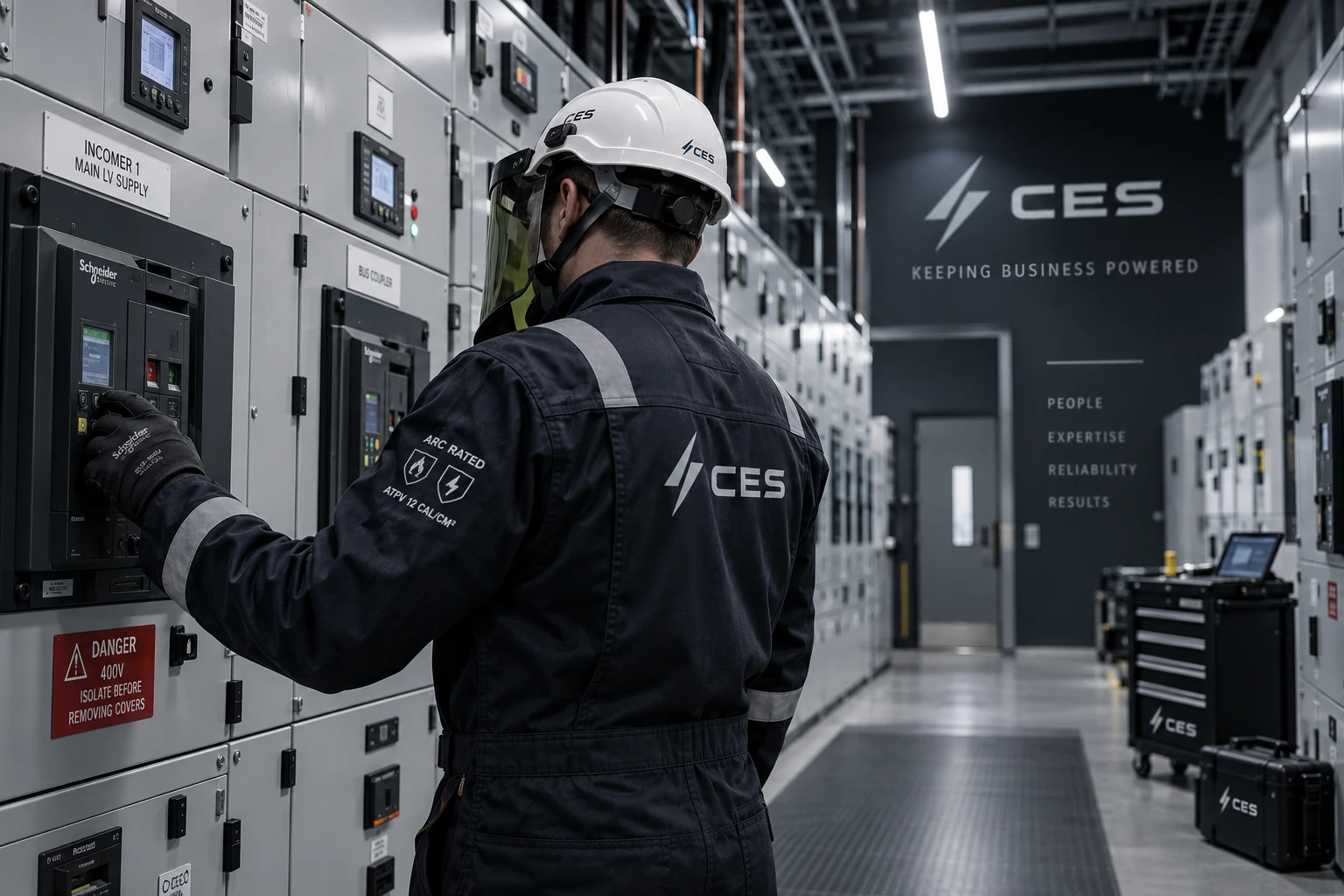 CES engineer working within an electrical switchroom